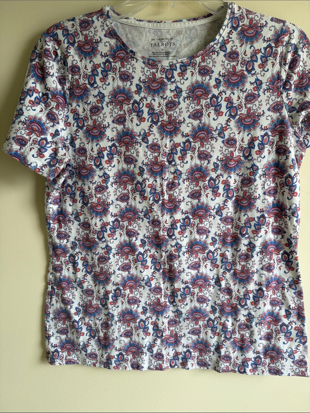 Talbots White Tee with Red and Blue Paisley Floral Print